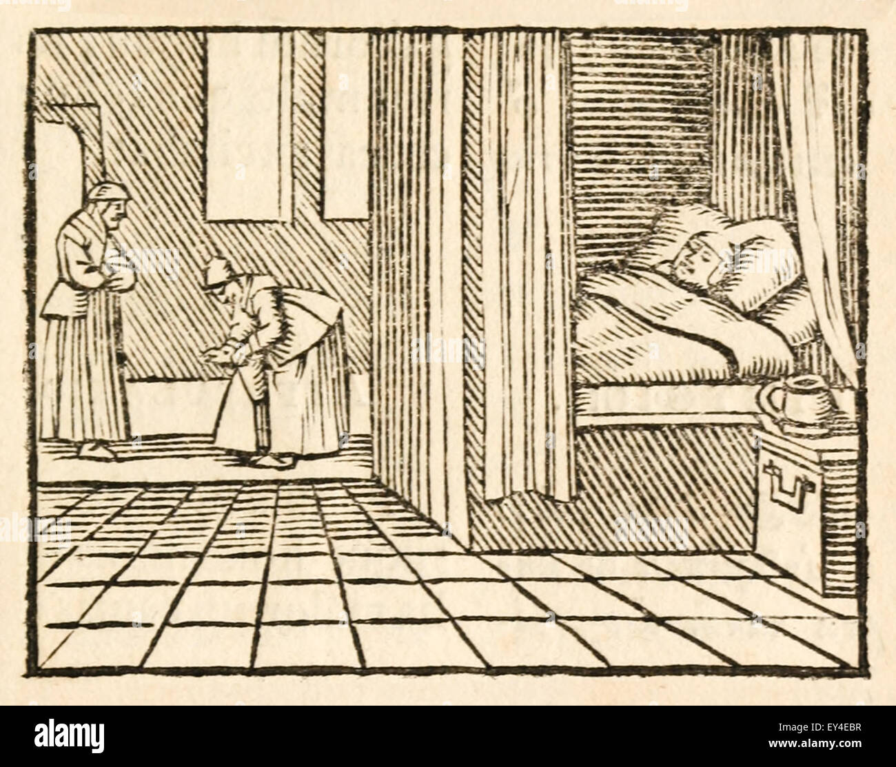 "Die Zimmermädchen und der Hahn" Fabel von Aesop (ca. 600). Eine Witwe war von Jungfrauen, die von einem Hahn geweckt. Sie töteten den Hahn. Die Witwe dann weckte sie jederzeit ohne Vorwarnung. Faulheit ist seine eigene Bestrafung. 17. Jahrhundert Holzschnitt Drucken zur Veranschaulichung Aesop Fabeln. Siehe Beschreibung für mehr Informationen. Stockfoto