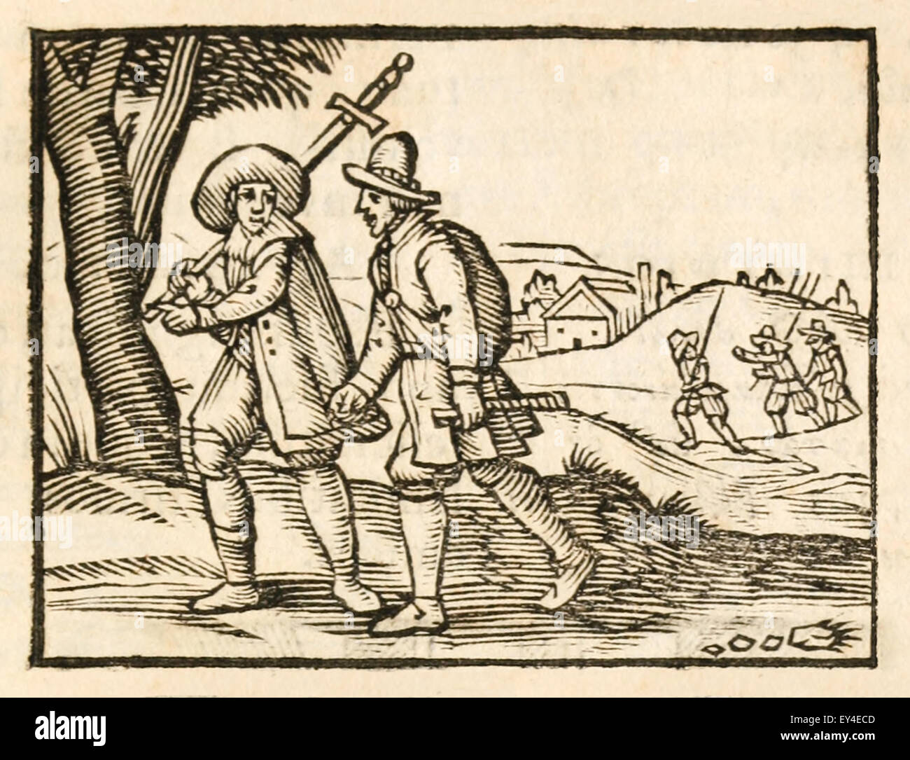 "Der Reisende" Fabel von Aesop (ca. 600). 17. Jahrhundert Holzschnitt Drucken zur Veranschaulichung Aesop Fabeln. Siehe Beschreibung für mehr Informationen. Stockfoto