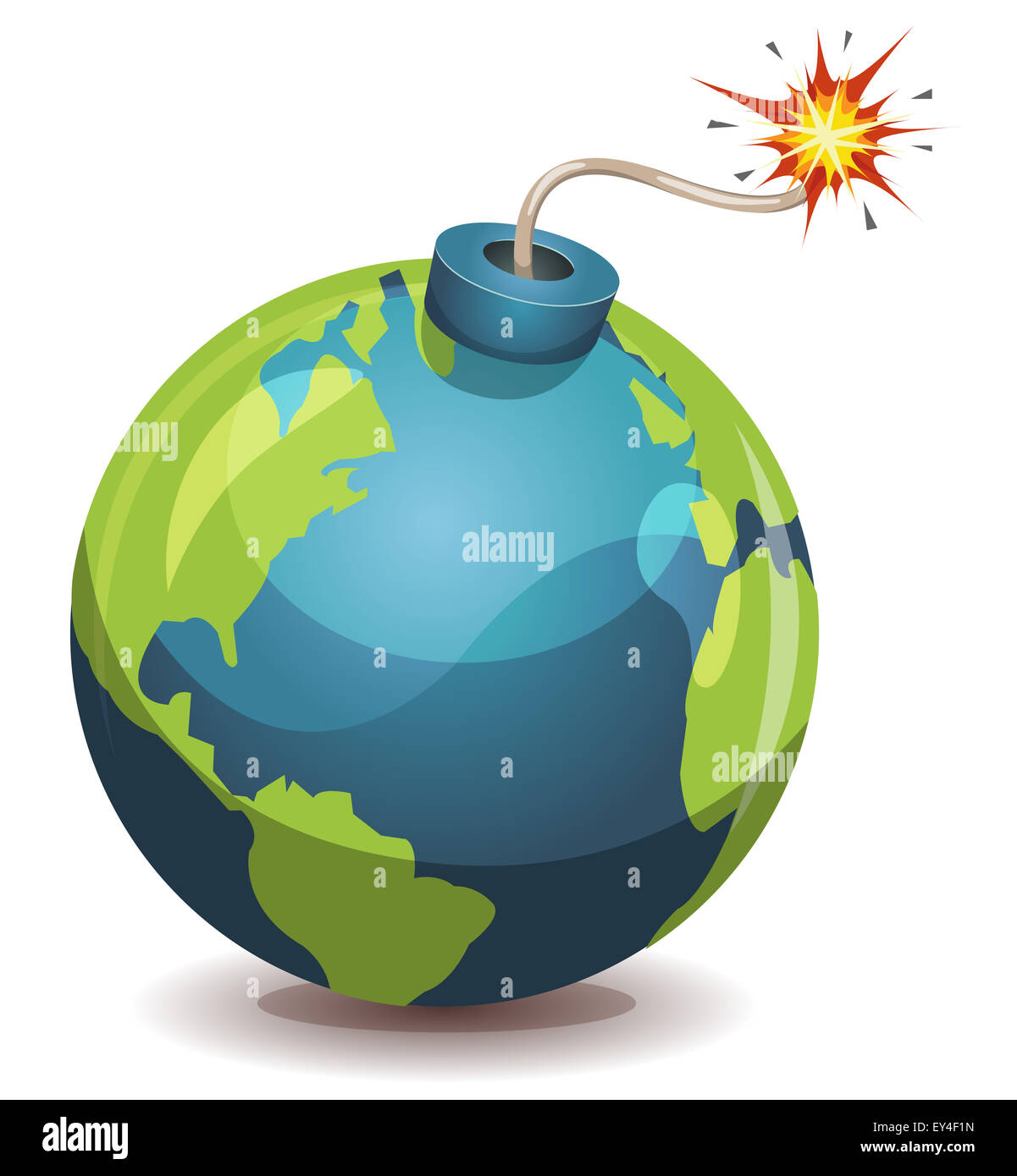 Abbildung einer Cartoon Erde Planeten Bombe Ikone zu explodieren mit brennenden Docht, isoliert auf weiss Stockfoto