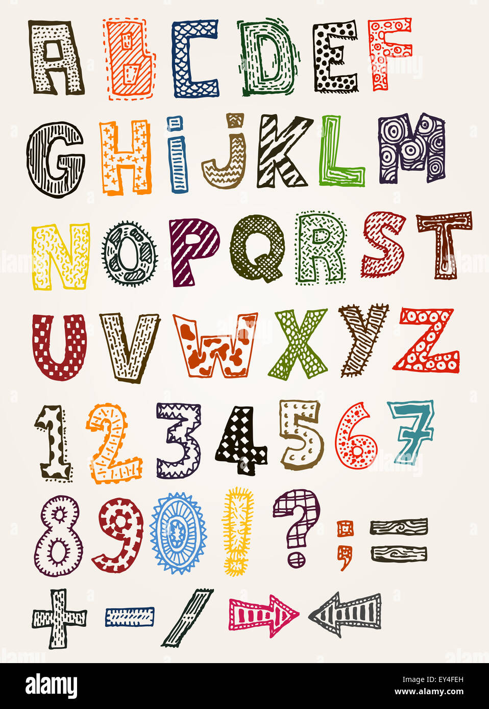 Illustration aus einer Reihe von handgezeichneten skizziert und kritzelte Kinder ABC Buchstaben und Schriftzeichen in kindlichen Stil auch mit Stockfoto