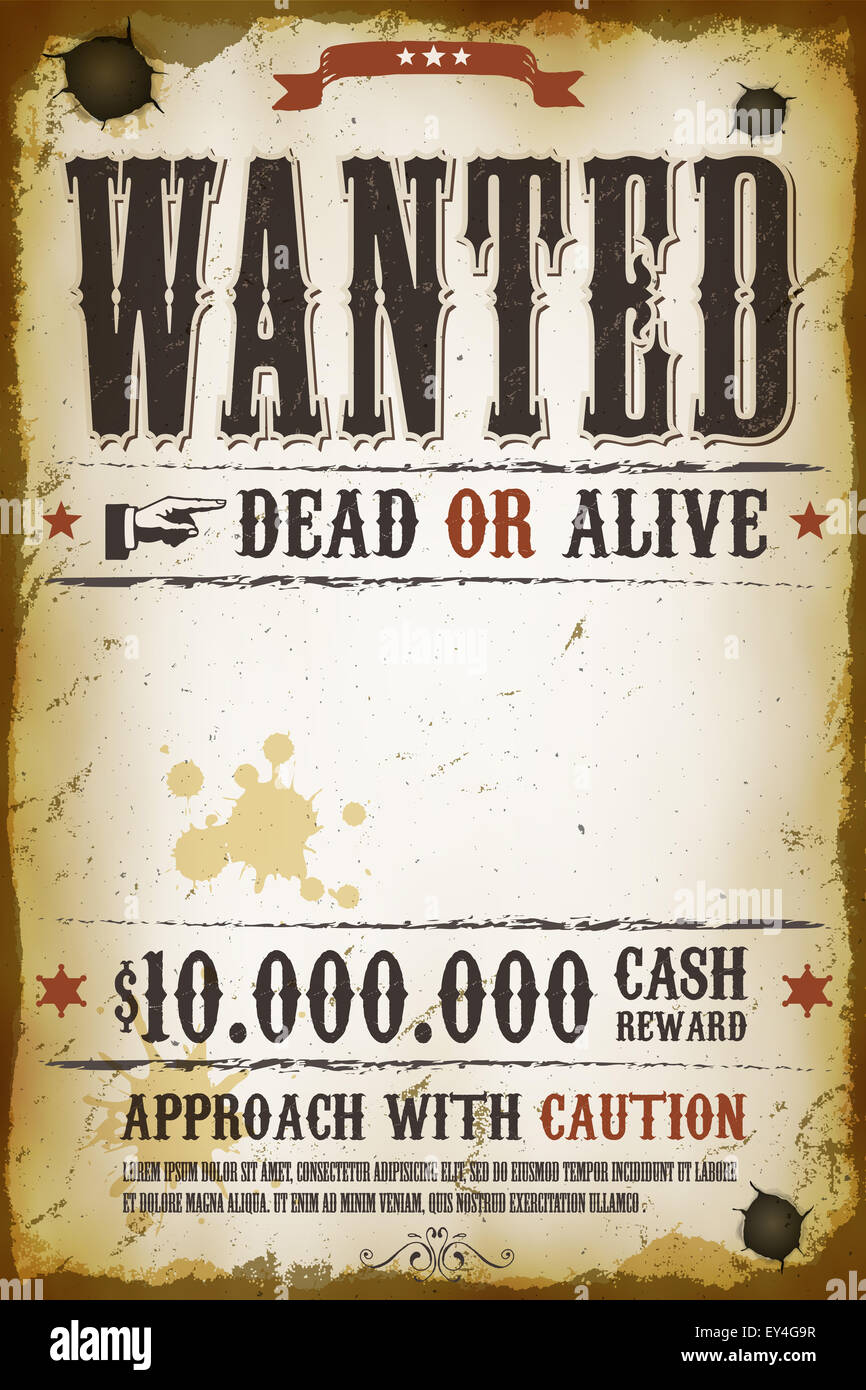 Abbildung eines Vintage alt wollte Plakat Poster Templates, mit tot oder lebendig Inschrift, Geldprämie wie im fernen Westen Stockfoto