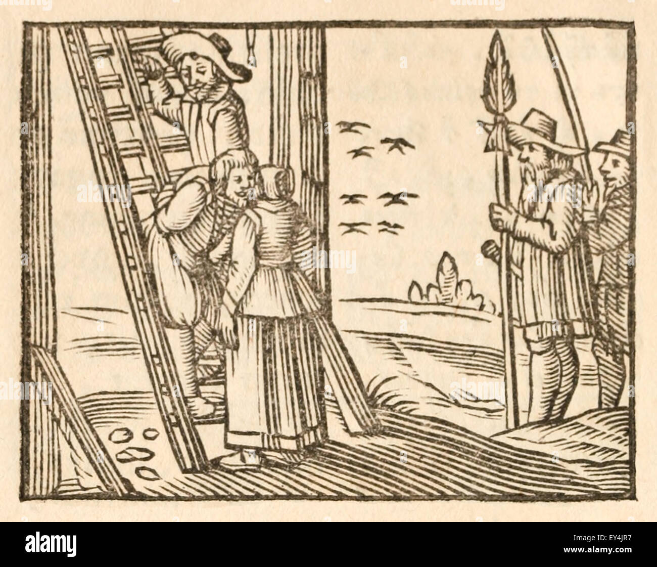"Der Dieb und seine Mutter" Fabel von Aesop (ca. 600). 17. Jahrhundert Holzschnitt Drucken zur Veranschaulichung Aesop Fabeln. Siehe Beschreibung für mehr Informationen. Stockfoto