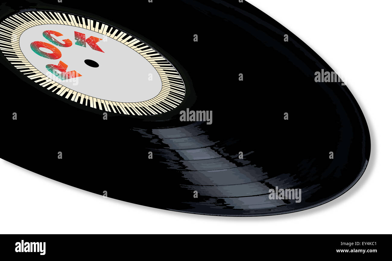 Eine typische LP Vinyl-Schallplatte mit ROCK-Legende und ein Kreis von Klaviertasten überall auf einem weißen Hintergrund. Stockfoto