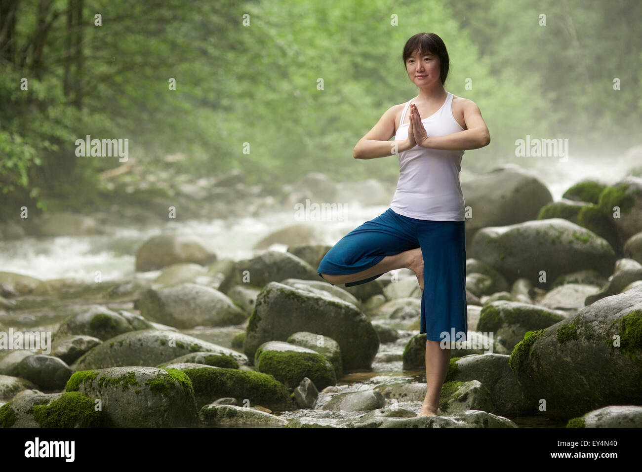 Asiatische Frau Durchführung Vrksasana Pose Yoga am Fluss, Lynn Valley, British Columbia, Kanada Stockfoto