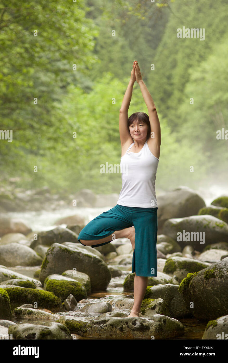 Asiatische Frau Durchführung Vrksasana Pose Yoga am Fluss, Lynn Valley, British Columbia, Kanada Stockfoto