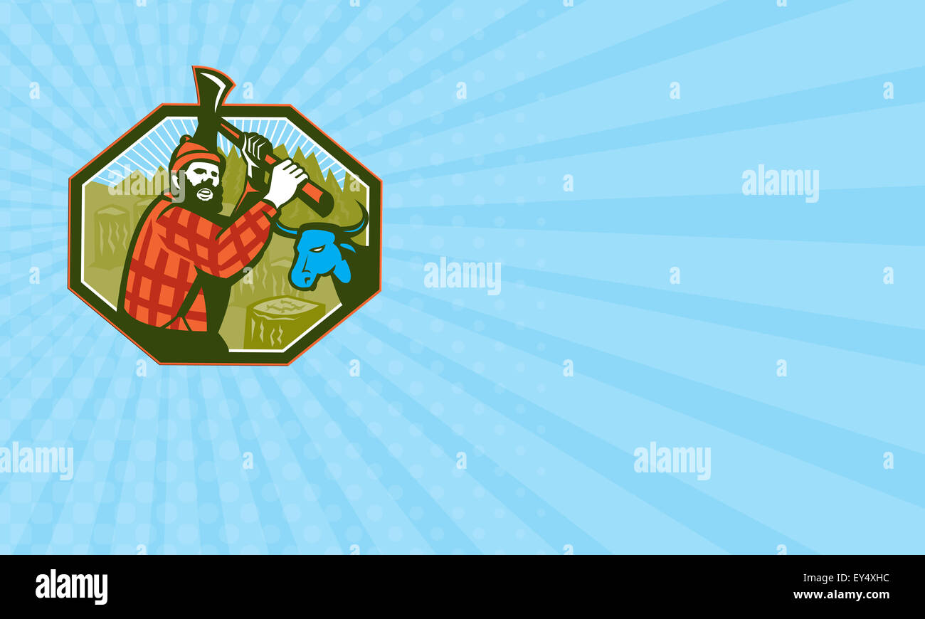 Visitenkarte zeigt Abbildung von Paul Bunyan setzen ein Holzfäller Sawyer Waldarbeiter schwingt eine Axt mit Baumstümpfen und Babe die blaue Ochse Bulle Kuh im Hintergrund im Inneren Sechseck getan im retro-Stil Stockfoto Visitenkarte zeigt Abbildung von Paul Bunyan setzen ein Holzfäller Sawyer Waldarbeiter schwingt eine Axt mit Baumstümpfen und Babe die blaue Ochse Bulle Kuh im Hintergrund im Inneren Sechseck getan im retro-Stil Stockfoto