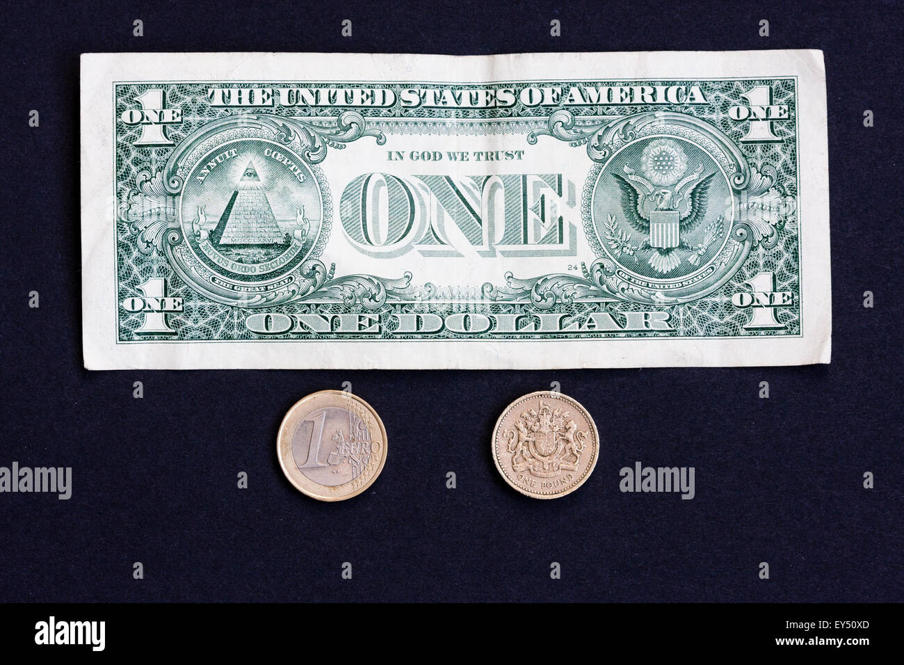 Ein US-amerikanischer Dollar Bill, Banknote, mit einem Britischen Pfund Sterling coin und ein Euro Münze auf schwarzen Hintergrund. Wechselkurse. Stockfoto