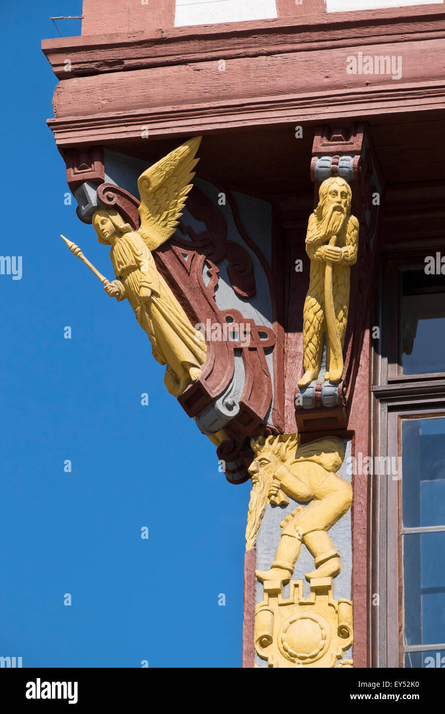 Detail eines Fachwerkhaus, Großer Engel Haus, Römerberg Platz, Altstadt, Frankfurt Am Main, Hessen, Deutschland Stockfoto