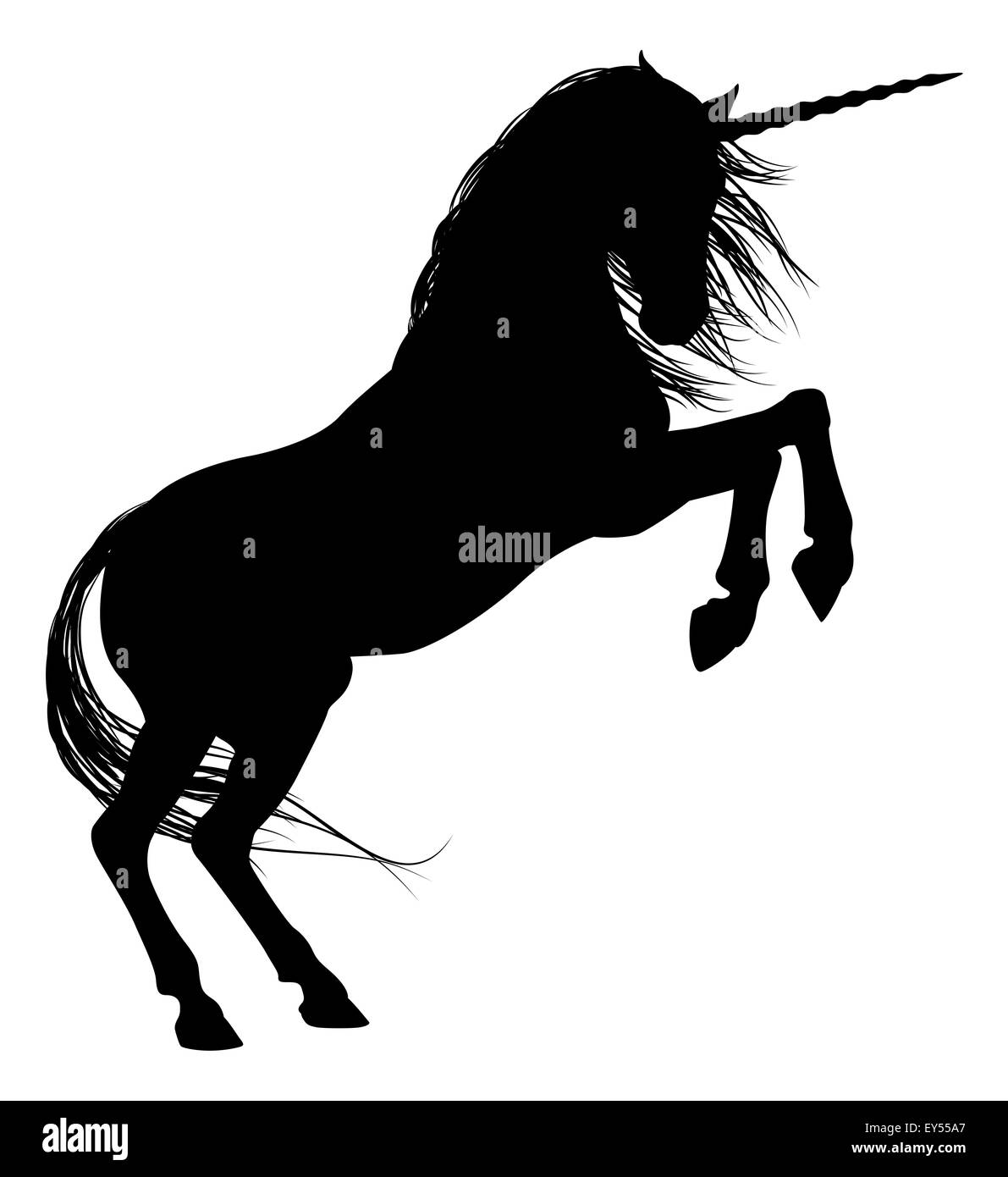 Mythische Pferd Einhorn bei Silhouette Aufzucht auf Hinterbeinen Stockfoto