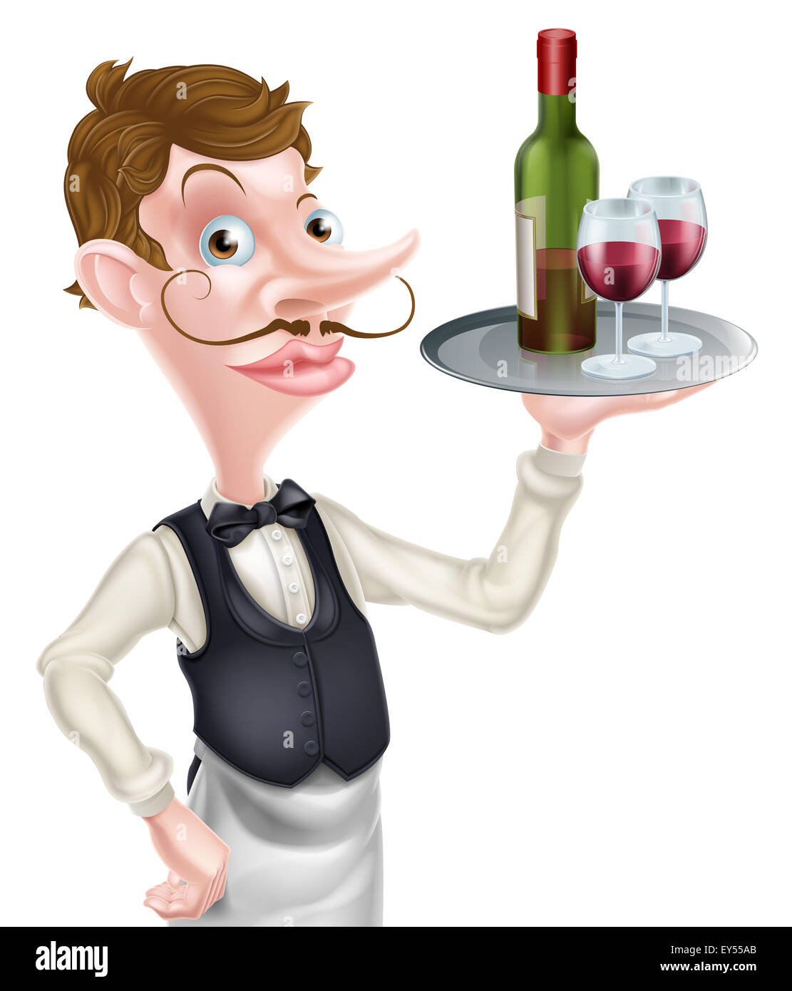 Ein Cartoon-Kellner mit einem silbernen Tablett mit einer Flasche Wein und Gläser Wein voll darauf Stockfoto