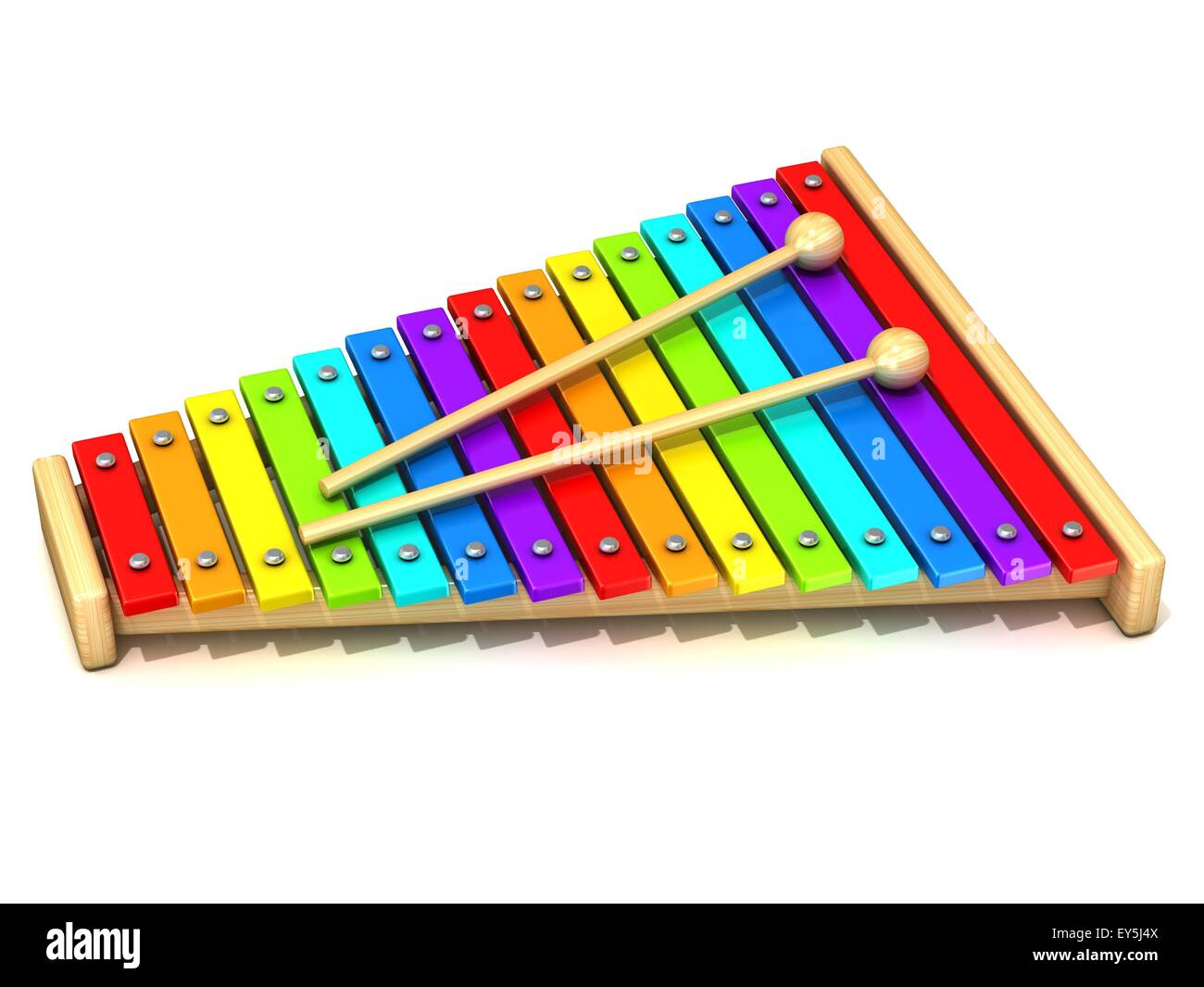 Xylophon mit regenbogenfarbenen Tasten und zwei Holz Drumsticks. 3D render isolierten auf weißen Hintergrund. Holzspielzeug. Percussio Stockfoto