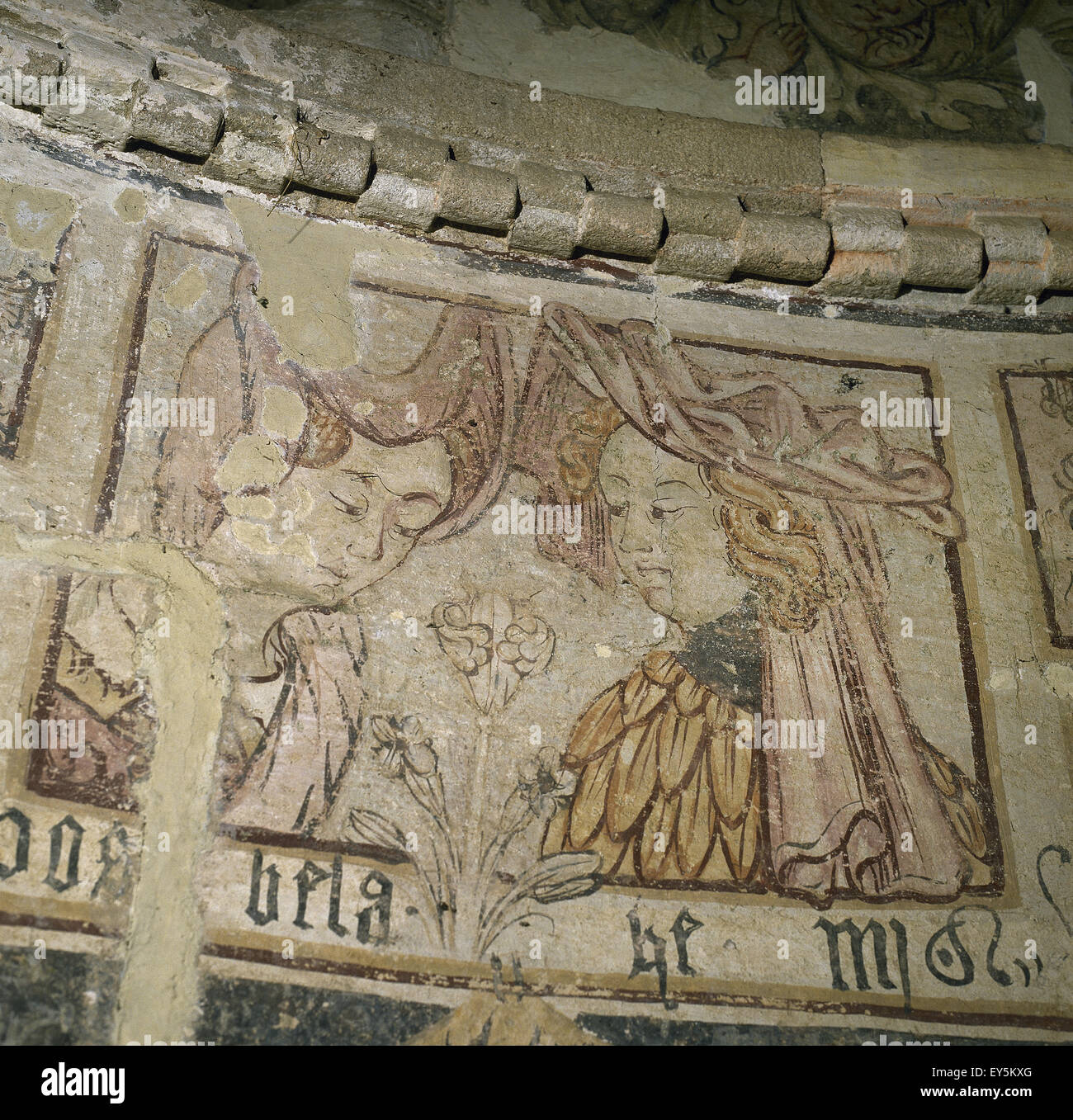 Spanien. Galizien. Palas del Rey. St. Jakobskirche (altes Kloster von Vilar de Donas). Bilder von der zentralen Apsis. 14. Jahrhundert. Porträts der Gründer der Familie Donas. Stockfoto