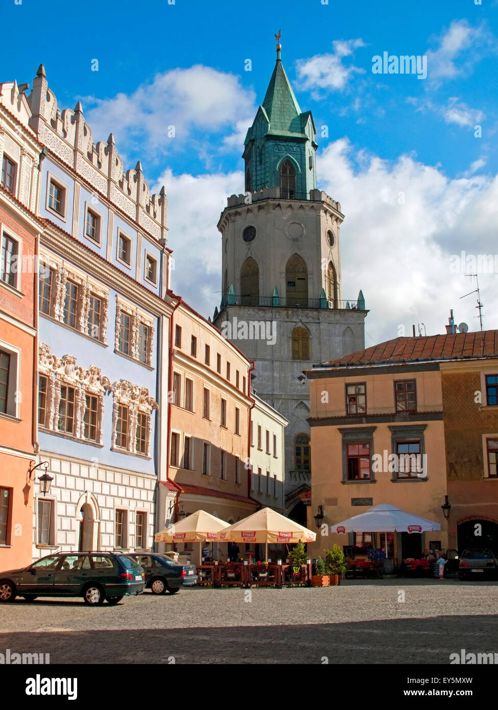 Konopnica Wohnhaus am Hauptplatz und trinitarische Turm, Lublin, Polen Stockfoto