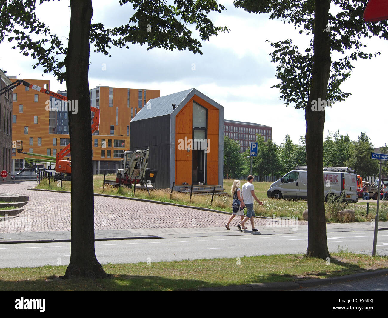 Klein und billig Fertighaus Haus, das überall gesetzt werden kann, entwickelt von der niederländischen Firma Heijmans, in Breda, Niederlande. Stockfoto