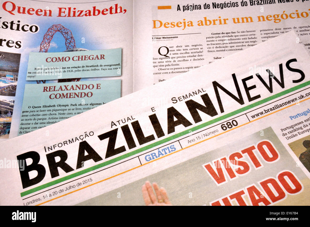 Brasilianische News - kostenlose Wochenzeitung in London (Juli 2015) erhältlich Stockfoto