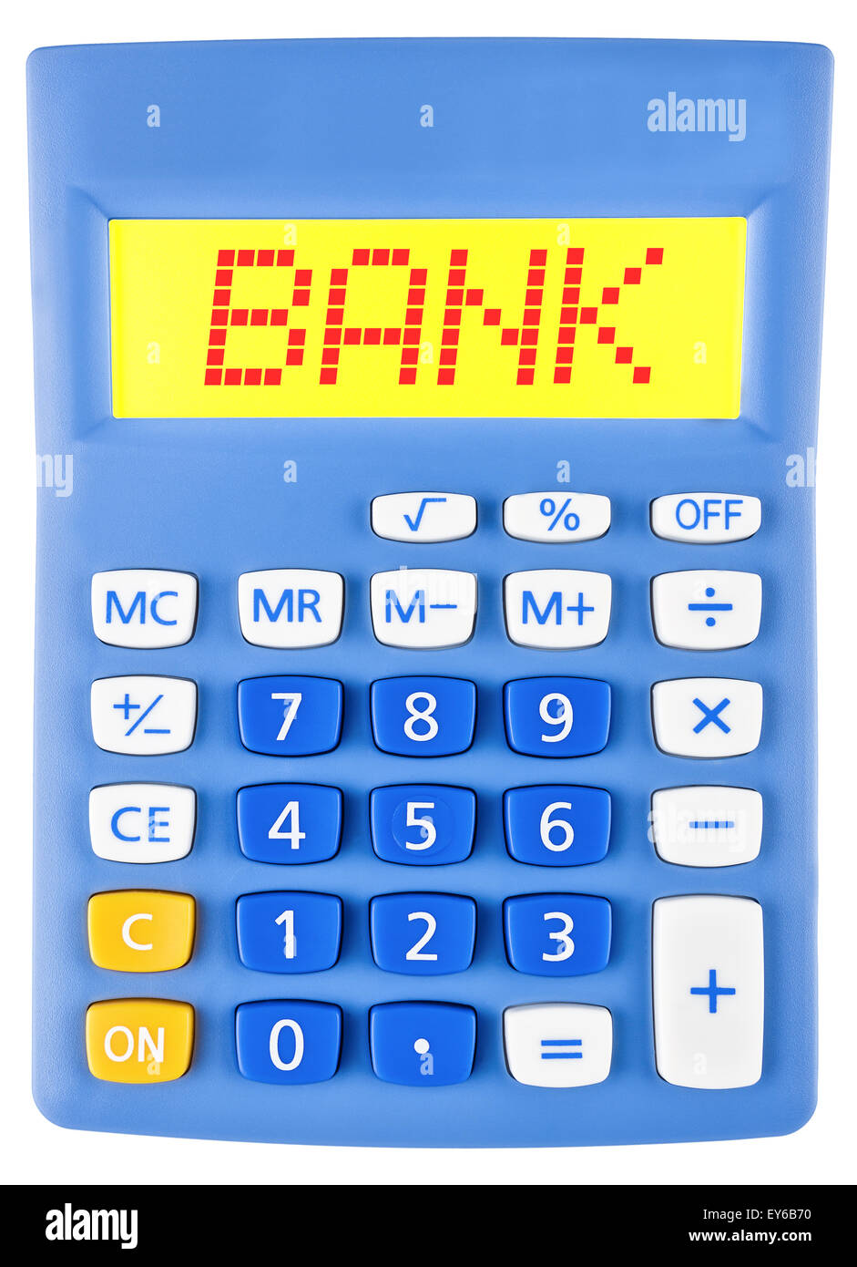 Rechner mit der BANK auf dem Display auf weißem Hintergrund Stockfoto