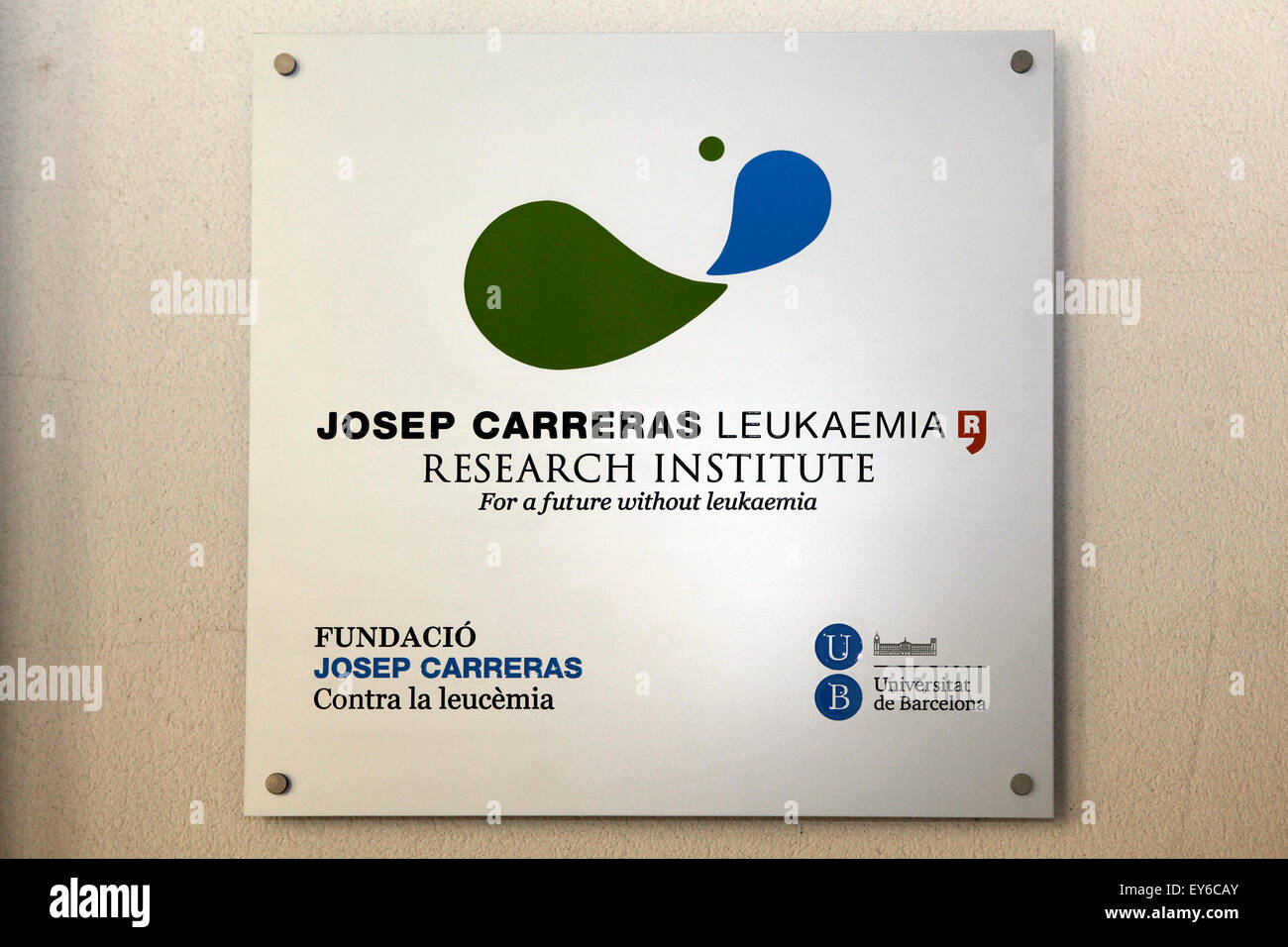 Typenschild des Josep Carreras Leukämie Research Institute in Barcelona Stockfoto