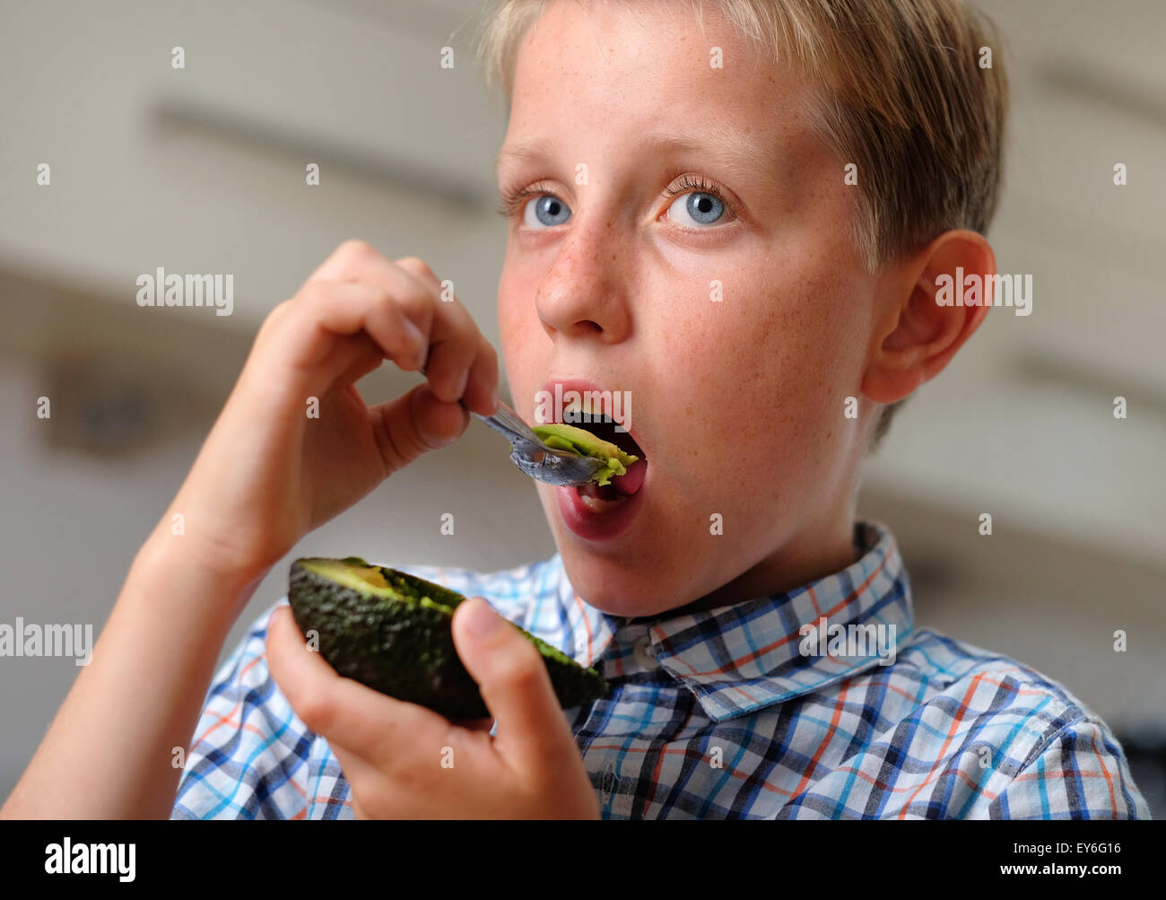 Ein Kind essen eine Avocado mit einem Löffel als gesunder snack Stockfoto