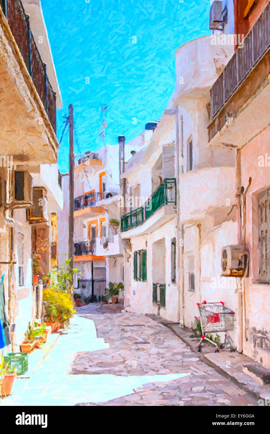 Digitale Malerei von einer Straßenszene aus der griechischen Stadt Lerapetra auf der Insel Kreta. Stockfoto