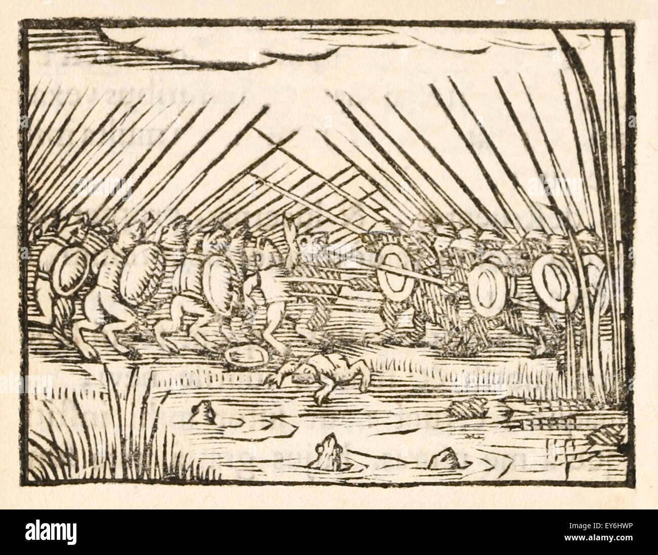 Die Frösche und Mäuse gehen Sie zu Schlacht - Illustration aus dem "Batrachomyomachia" (Schlacht von Fröschen und Mäusen) eine Parodie von Homers Epos Ilias (ca. 1200BC) aus der Zeit um 300BC. 17. Jahrhundert Holzschnitt Drucken zur Veranschaulichung Aesop Fabeln. Siehe Beschreibung für mehr Informationen. Stockfoto