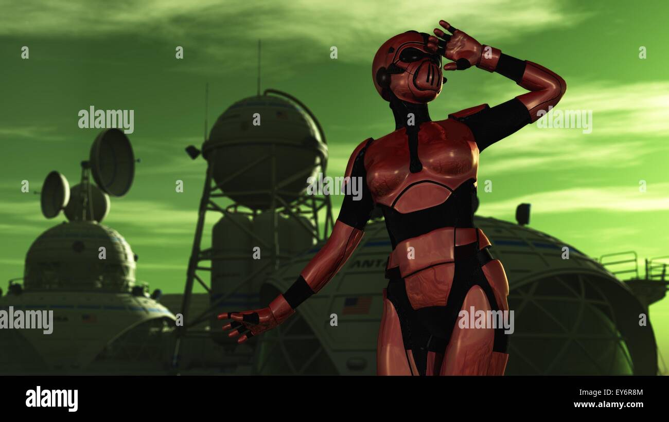 Frau in roten Körper Rüstung und Atemschutzgerät blickt aus Science Fiction Basis auf fremden Planeten Stockfoto