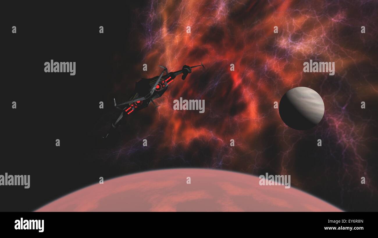 Science Fiction Angriff Raumschiff verlassen rote fremden Planeten für den Deep space Stockfoto