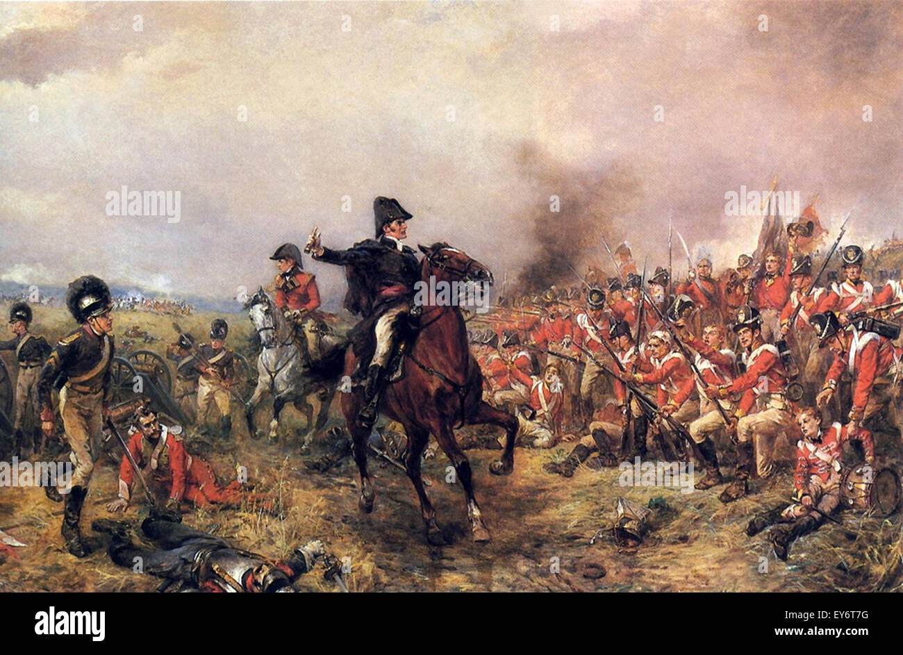 Feldmarschall Arthur Wellesley 1. Duke of Wellington in der Schlacht von Waterloo, gemalt vom Künstler Robert Alexander Hillingford. Stockfoto