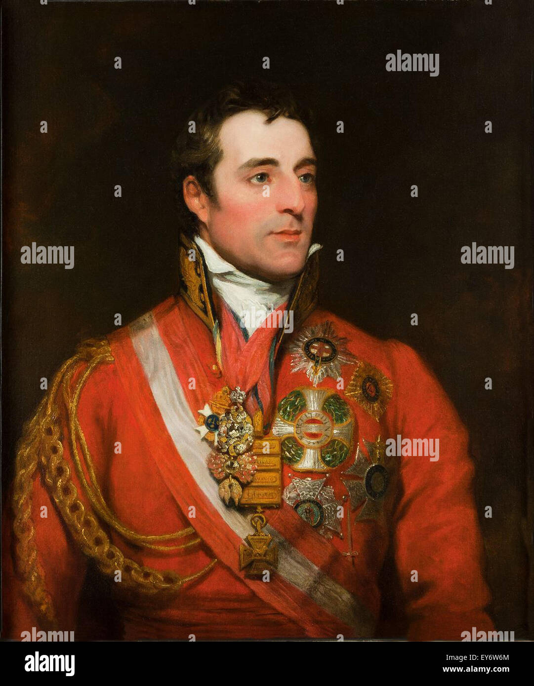 Feldmarschall Arthur Wellesley der 1. Herzog von Wellington tragen Field Marshal Uniform mit Orden vom Goldenen Vlies, star of the Order of the Garter und andere Dekorationen, von Thomas Phillips. Stockfoto
