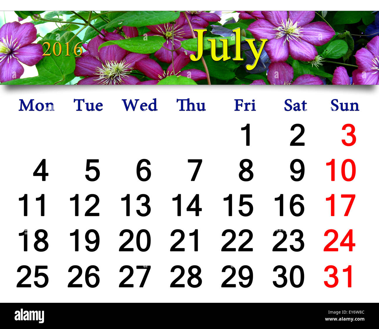 Kalender für Juli 2016 mit Band der blaue clematis Stockfoto