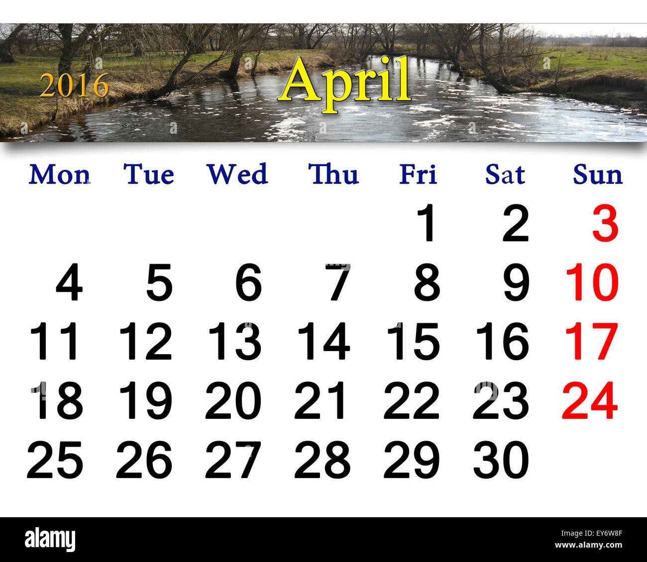 schöne Kalender für April 2016 mit Frühling Überschwemmung auf dem Fluss Stockfoto