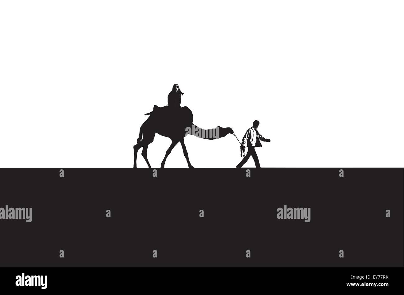 Schwarze silhouette Vector Illustration eines Kamelritt mit Mann ziehen das Kamel mit einer Dame. Stock Vektor