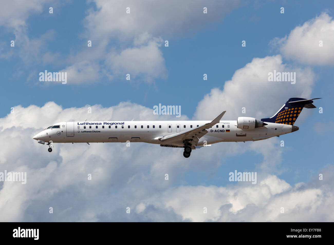 Lufthansa Regional Bombardier CRJ900 NextGen landet auf dem Flughafen Frankfurt Stockfoto
