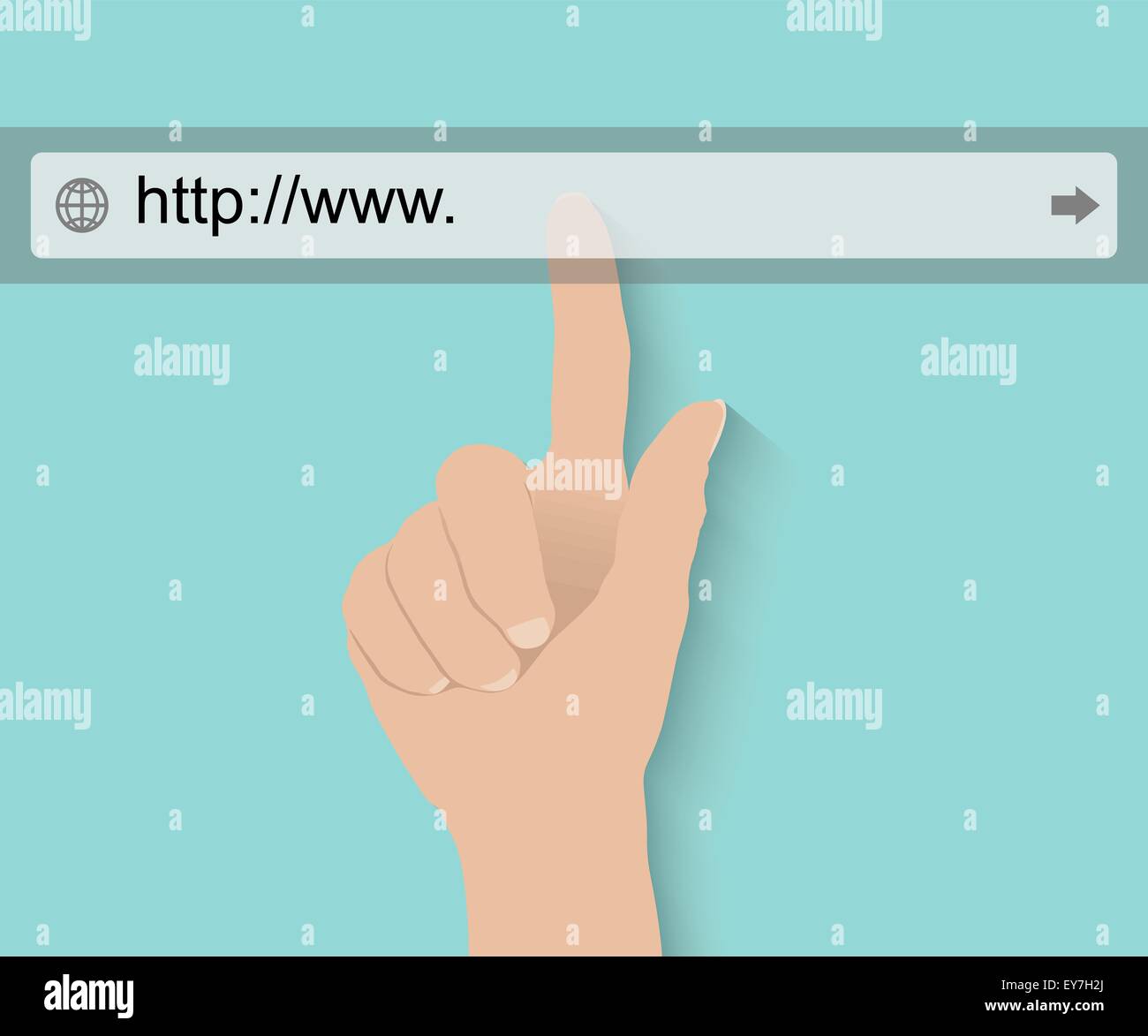 Hand drücken virtuellen Suchleiste auf Türkis Hintergrund, Internet-Konzept Stock Vektor