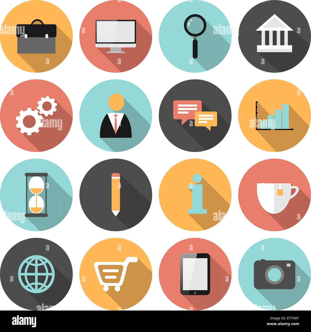 Flache Runde Business und marketing Web Icons set mit langen Schatten Stock Vektor