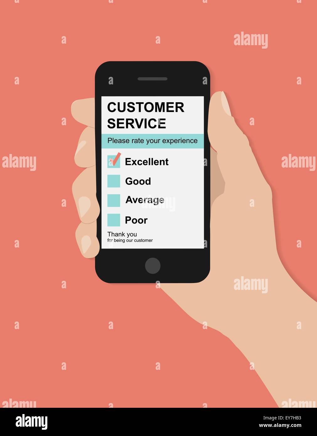 Flachen Hand hält Smartphone mit Serviceumfrage zur Kundenzufriedenheit auf rotem Grund Stock Vektor