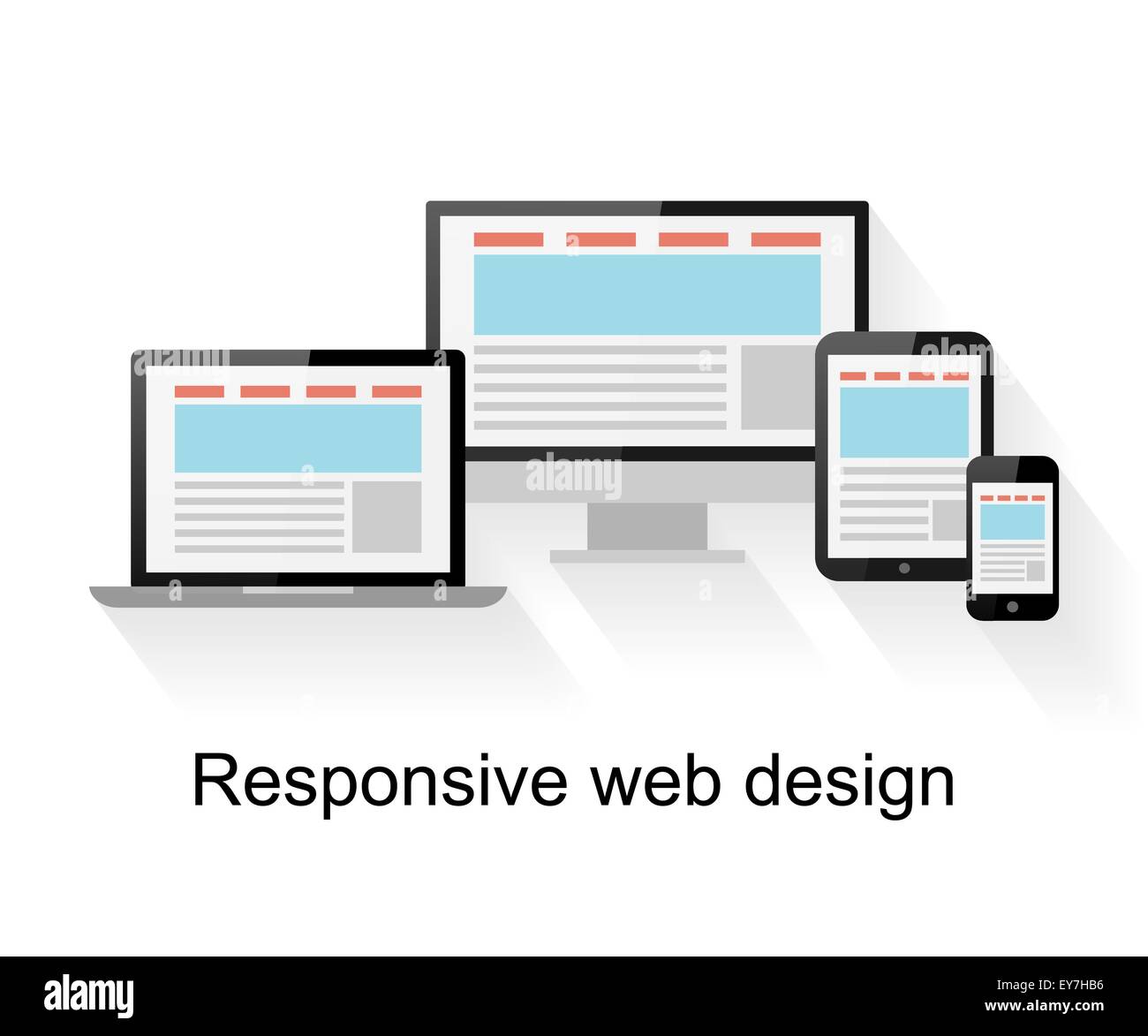 Responsive Webdesign auf Computer, tablet-PC, Notebook und Smartphone auf weißem Hintergrund Stock Vektor