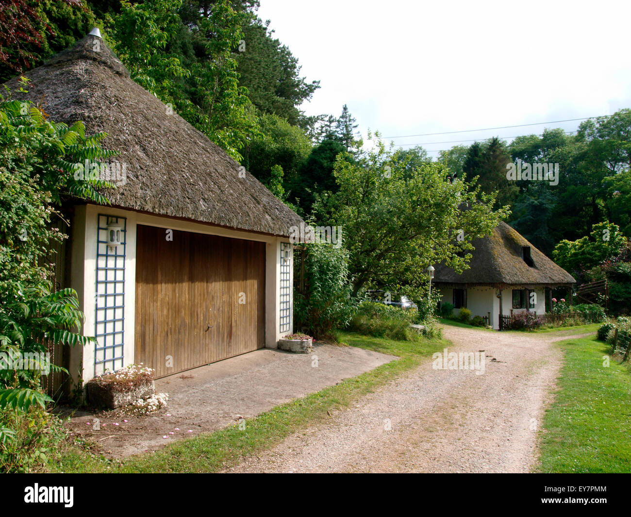 Ziemlich Reetdachhaus mit einer strohgedeckten Garage, Haccombe, Devon, UK Stockfoto