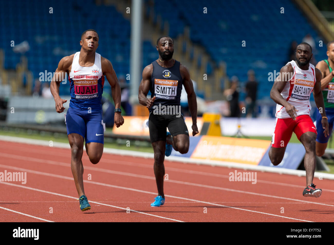 Chijindu UJAH & Ramone SMITH Herren 100m Halbfinale 1 2014 Sainsbury britischen Meisterschaften Birmingham Alexander Stadion UK Stockfoto