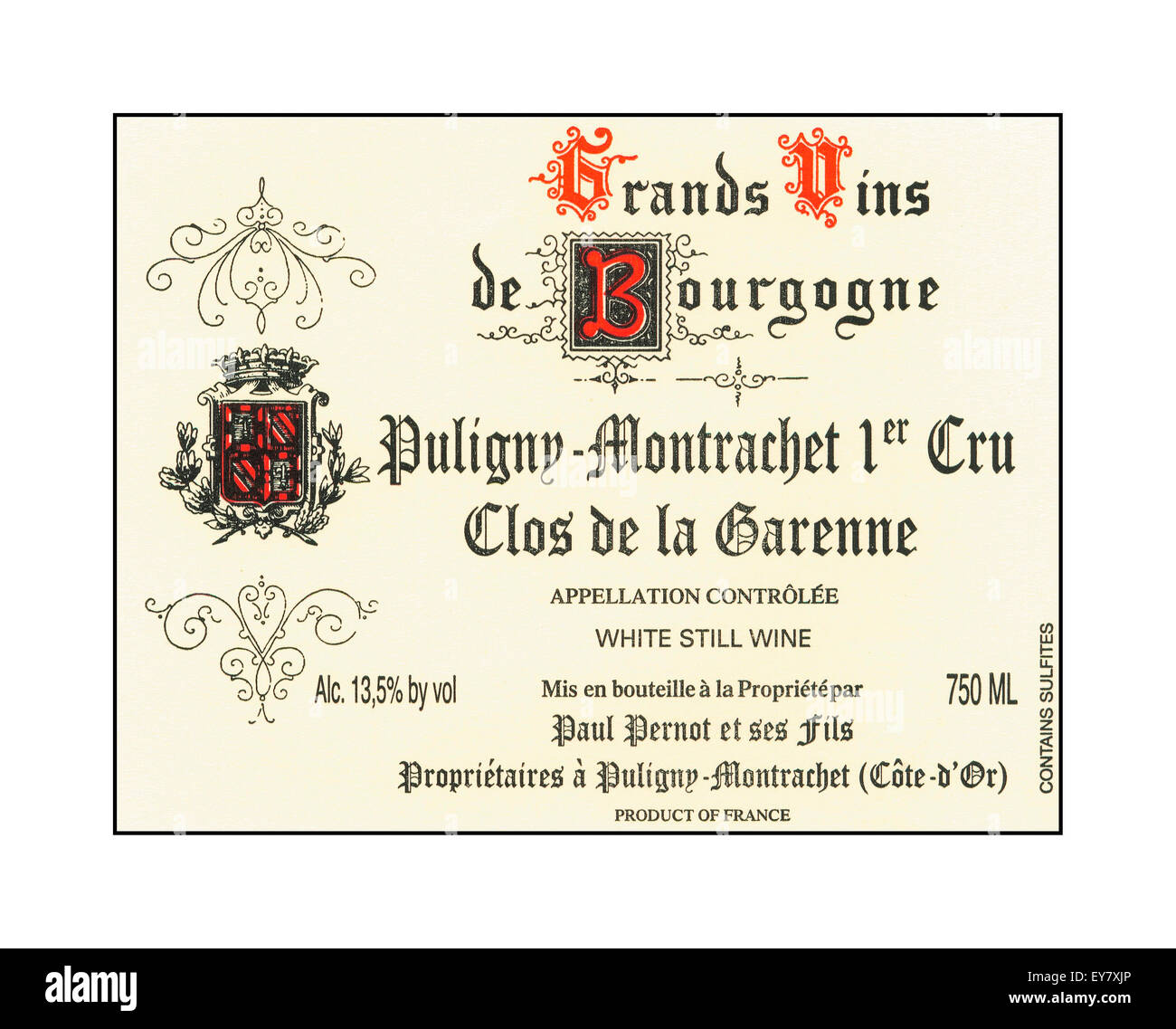 Französischer Wein-Flaschen-Etikett für Puligny-Montrachet 1er Cru Clos De La Garenne Burgund Côte d ' or Frankreich Stockfoto