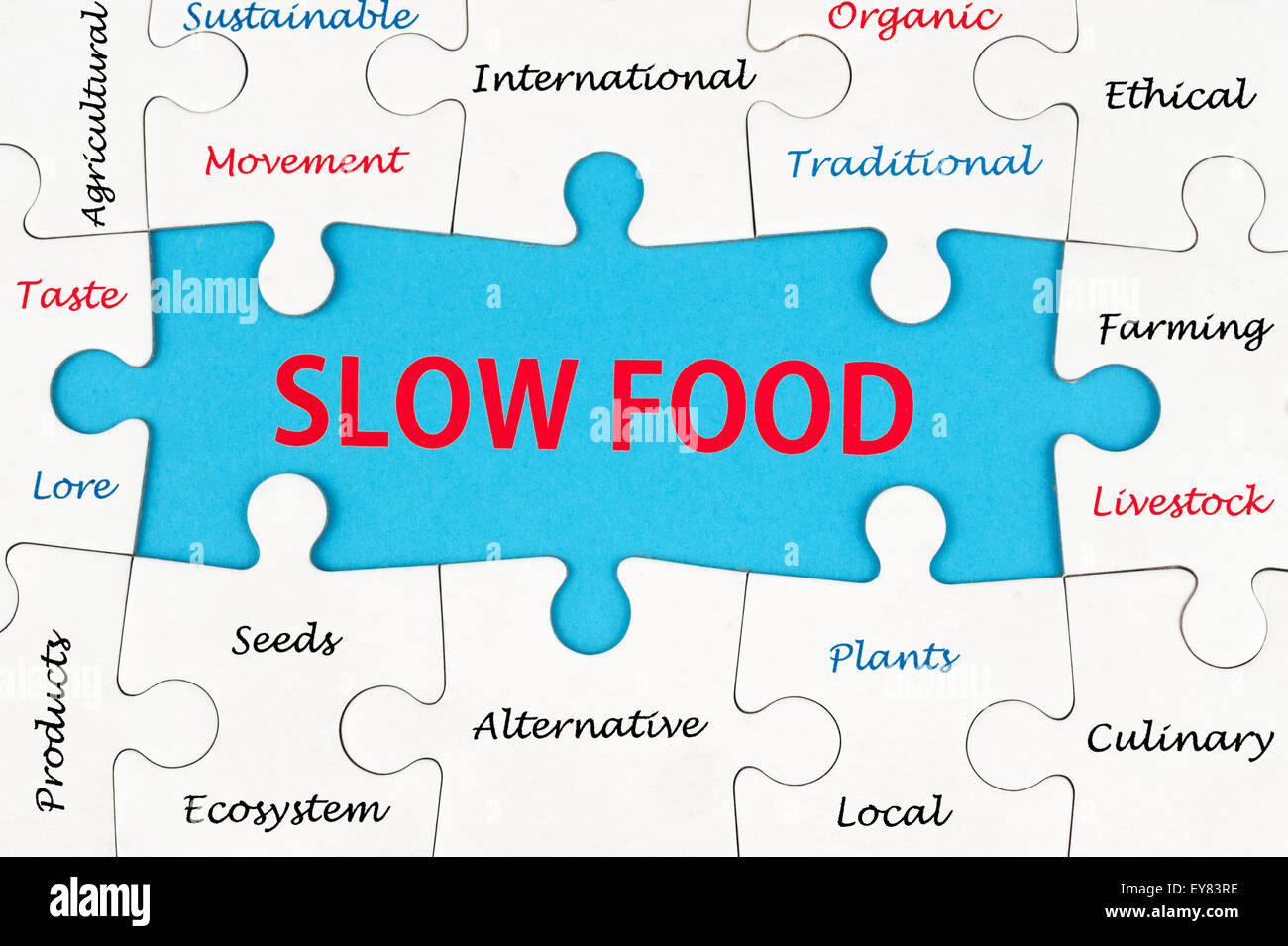 Slow-Food-Konzept-Wortwolke auf Gruppe von Jigsaw Puzzle-Teile Stockfoto