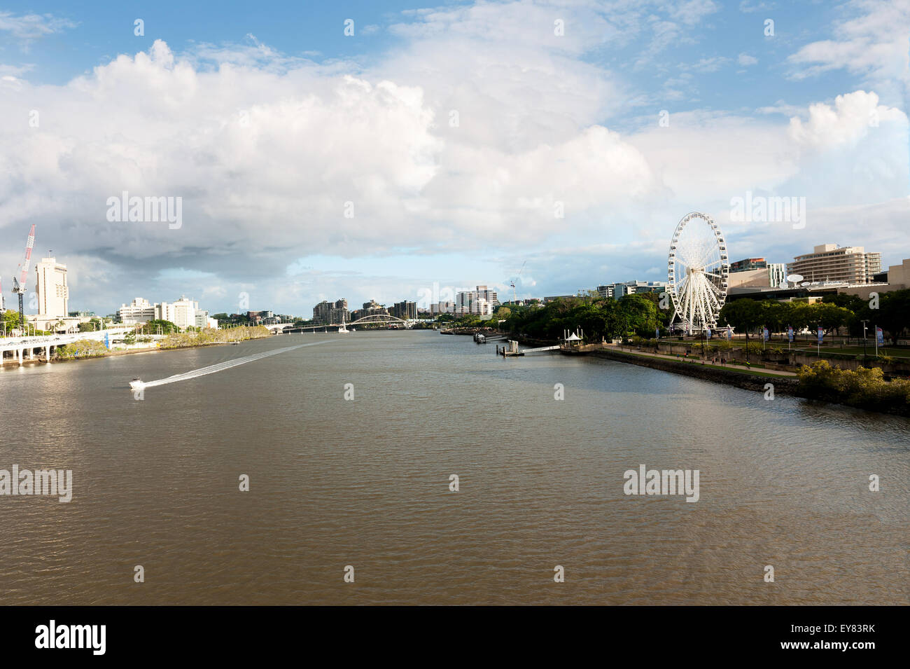 Landschaft des Brisbane River mit dem Rad von Brisbane auf dem Hintergrund Stockfoto