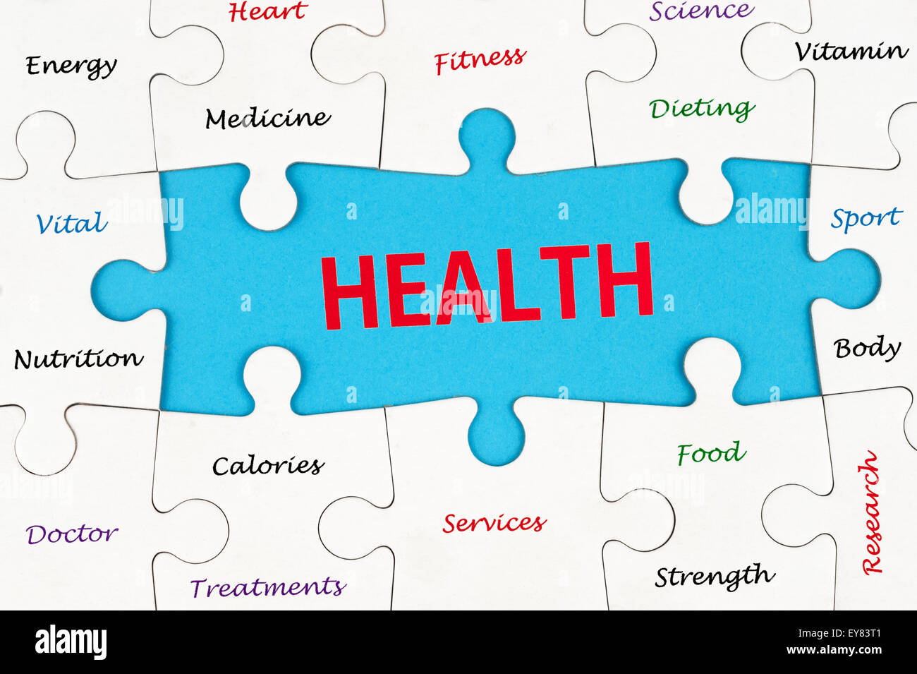 Gesundheit Konzept Wortwolke auf Gruppe von Jigsaw Puzzle-Teile Stockfoto