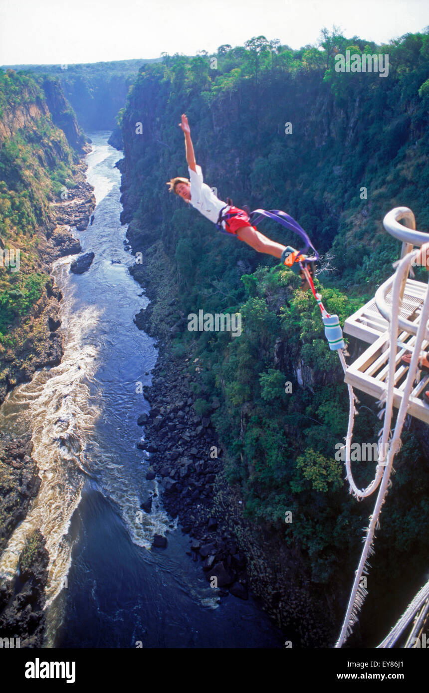 Bungy oder Bungee-Jumping von 152 Meter hohe Victoria Falls Bridge über dem Sambesi-Fluss zwischen Simbabwe und Sambia Stockfoto