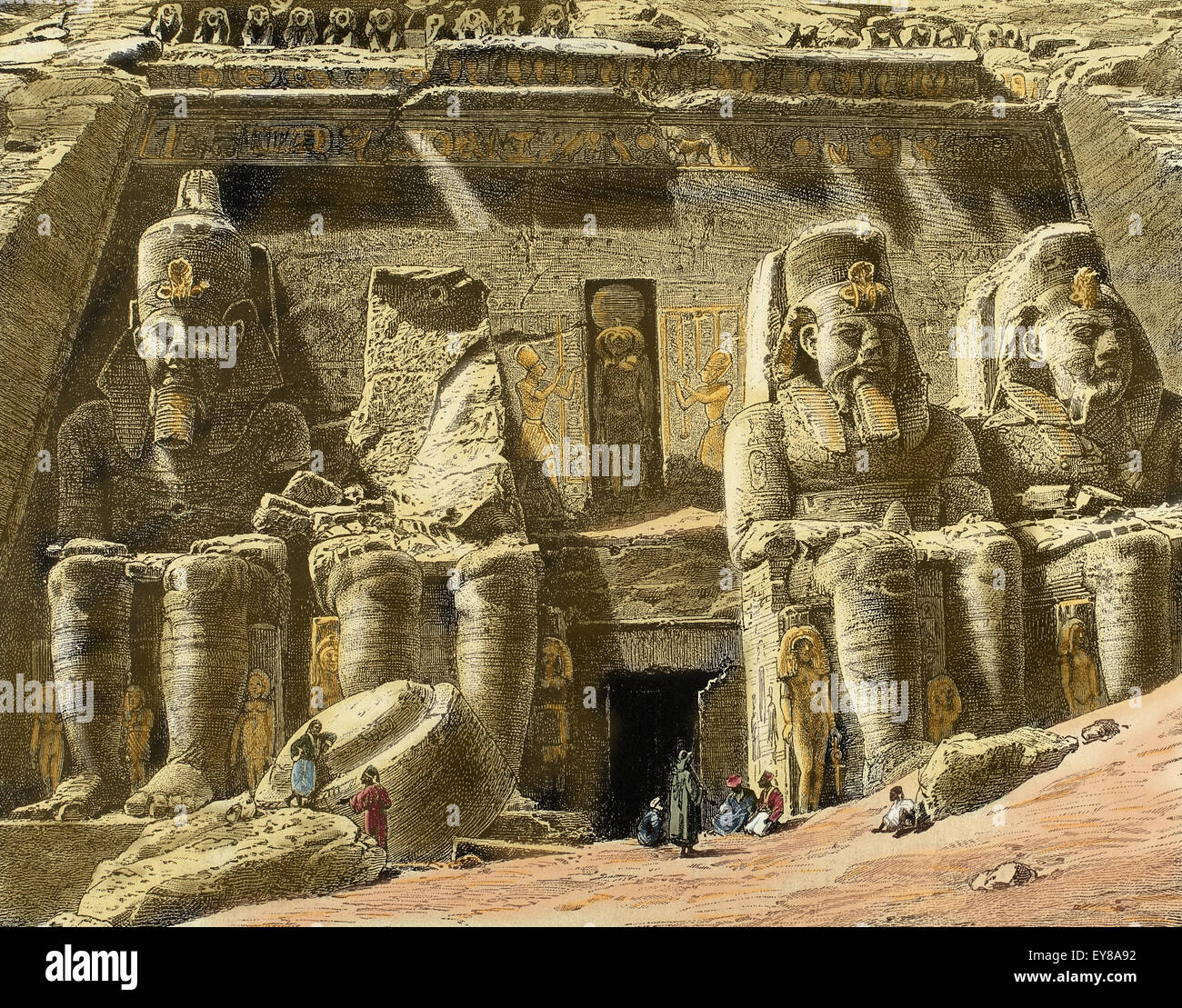 Ägypten. Abu Simbel. Große Tempel von Ramses II. Gravur. des 19. Jahrhunderts. Farbige. Stockfoto