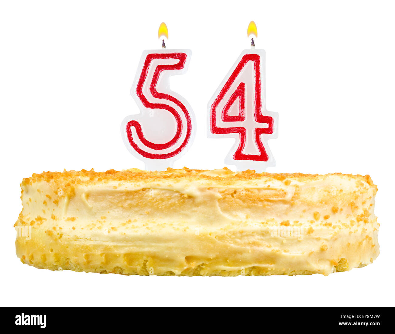 Geburtstagstorte mit Kerzen Zahl fünfzig vier isoliert auf weißem Hintergrund Stockfoto