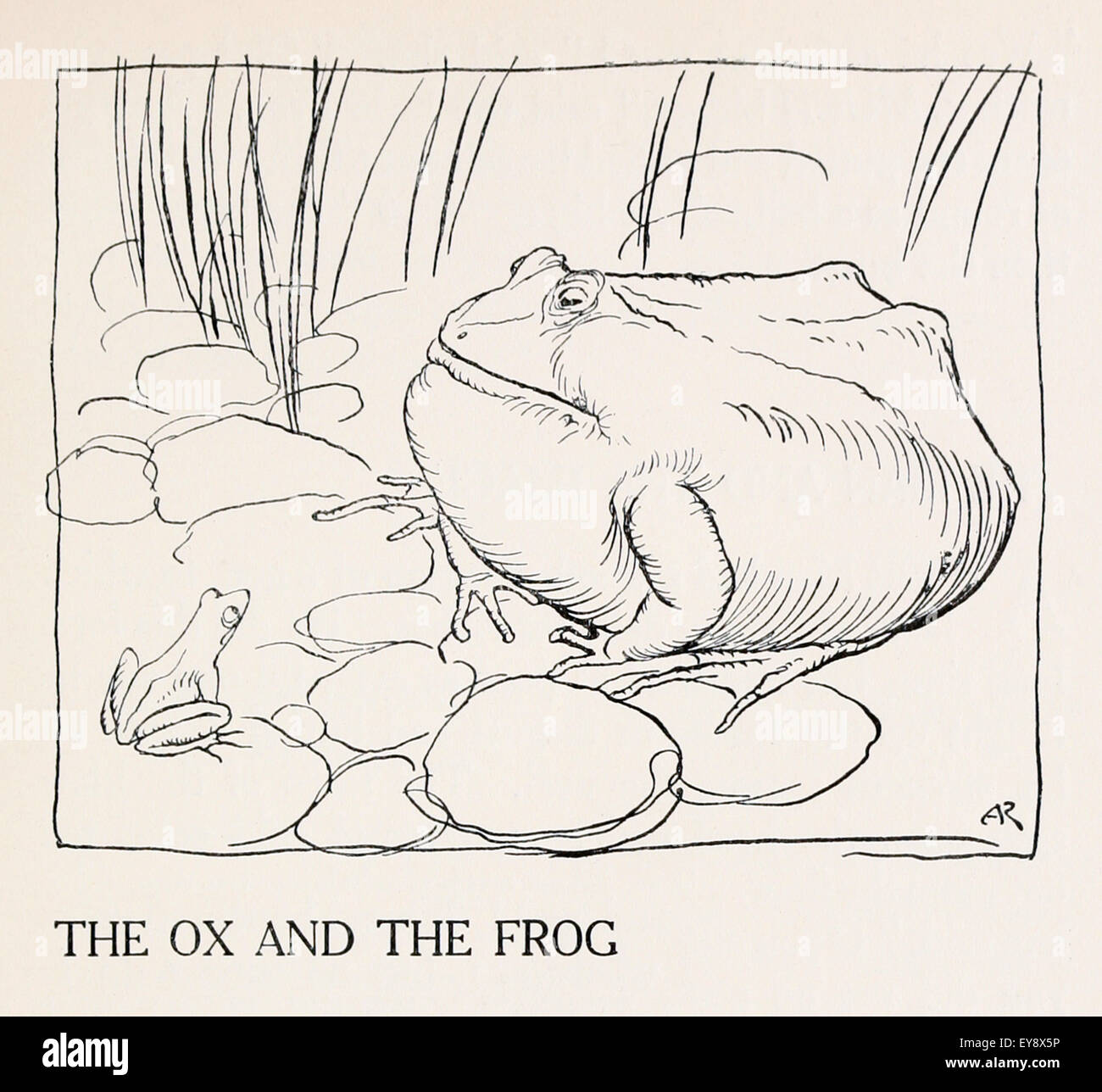 Der Frosch und der Ochse" Fabel von Aesop (ca. 600). Ein Frosch versucht,  sich auf die Größe eines Ochsen aufblasen, aber stürzt bei dem Versuch.  Einbildung kann zur Selbstzerstörung führen. ICHIllustration von
