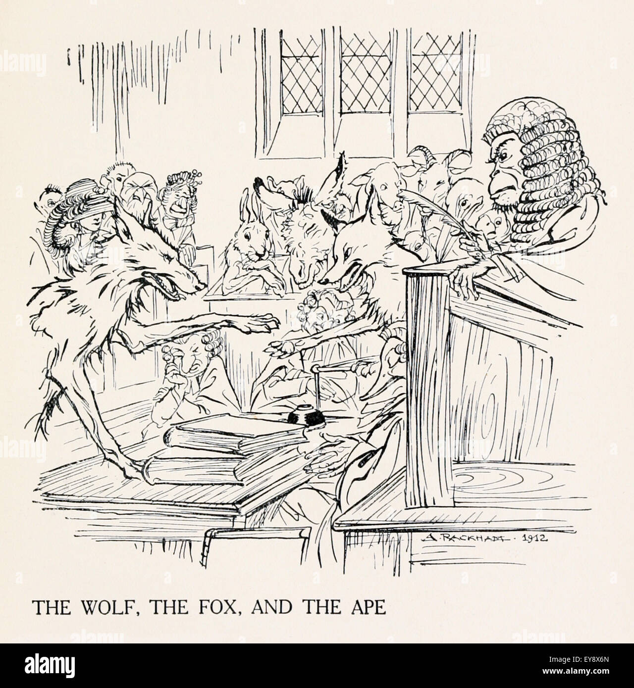 "Der Wolf, der Fuchs und der Affe" Fabel von Aesop (ca. 600). Ein Affe saß als Richter zwischen einem Fuchs, angeklagt des Diebstahls, und Wolf, der Ankläger. Nach der Verhandlung beurteilt das Affe der Wolf nichts verloren, aber der Fuchs gestohlen. Moral: Unehrlich, wenn sie ehrlich, handeln bekommen keinen Kredit. Illustration von Arthur Rackham (1867-1939). Siehe Beschreibung für mehr Informationen. Stockfoto