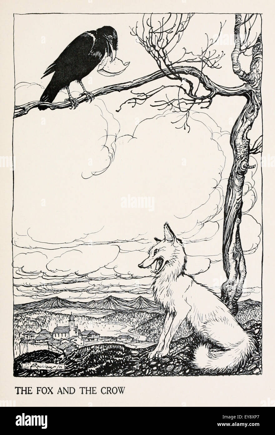 "Der Fuchs und der Rabe" Fabel von Aesop (ca. 600). In der Fabel hat eine Krähe fand ein Stück Käse und zog sich einen Zweig zu essen. Ein Fuchs, wollen es für sich selbst, schmeichelt die Krähe, nannte es schön und Frage mich, ob seine Stimme so süß ist zu entsprechen. Wenn es aus einem Caw lässt, der Käse fällt und ist von der Fuchs verschlungen. Moral: Hören Sie nicht auf Schmeichelei. Illustration von Arthur Rackham (1867-1939). Siehe Beschreibung für mehr Informationen. Stockfoto