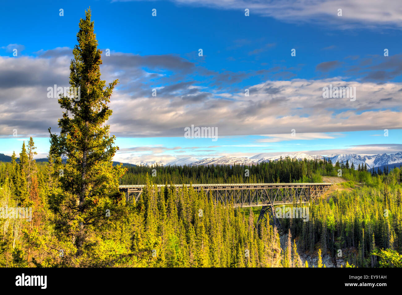 Malerische Aussicht auf die Kuskulana River Bridge in McCarthy Road in Wrangell-St.-Elias-Nationalpark und Reservat; Alaska, USA Stockfoto
