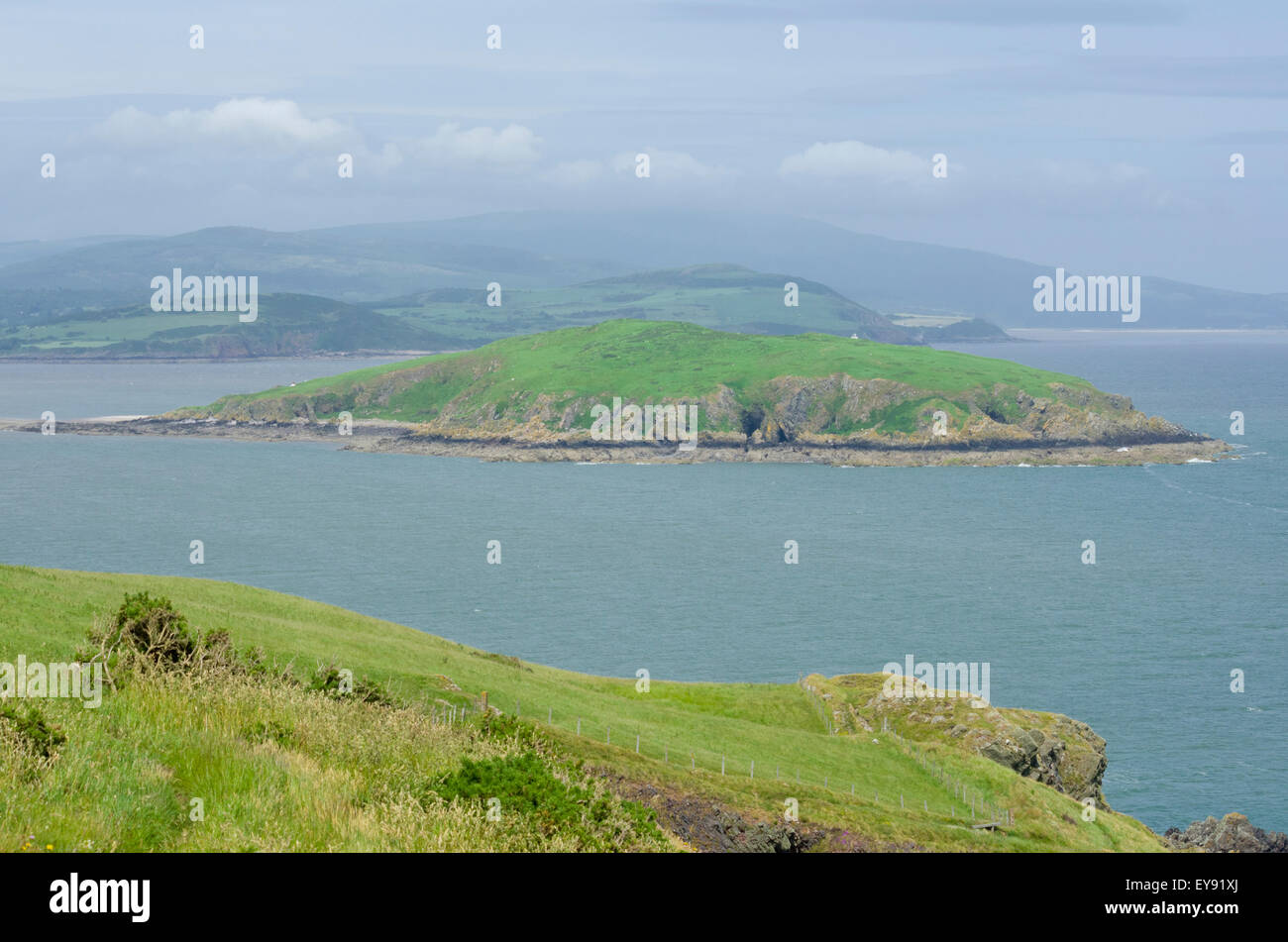 Balcary Punkt im Vordergrund mit Auchencairn Bay & Heston Insel, Solway Küste, Dumfries & Galloway, Schottland, Großbritannien im Sommer Stockfoto